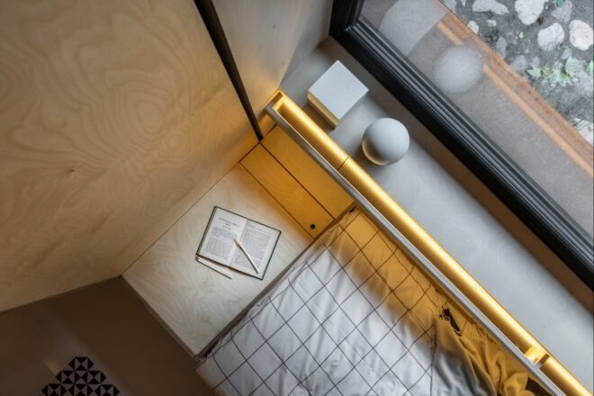 aerial shot of interior with bed