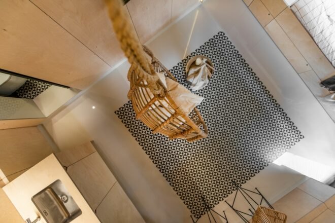 aerial shot of living space with hanging chair