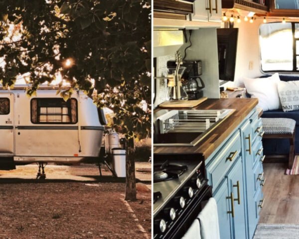 long silver RV exterior and bright interior with blue couch