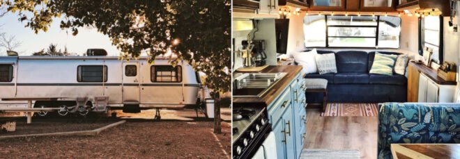 long silver RV exterior and bright interior with blue couch