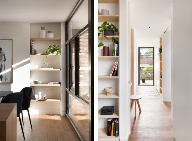 white living room with floating wood shelves