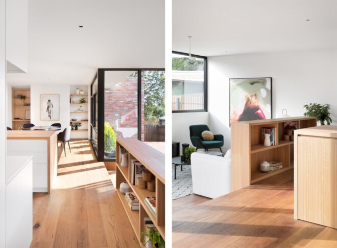 living area with wood floors and glass walls