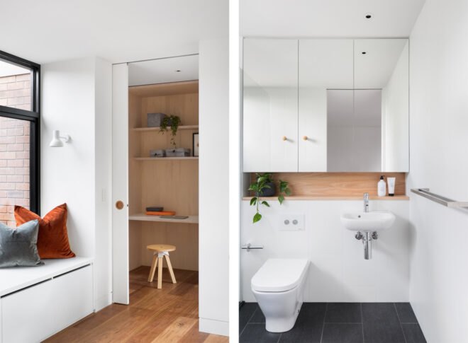 On the left, white bench near a window. On the right, modern toilet in white bathroom with dark tile floors.