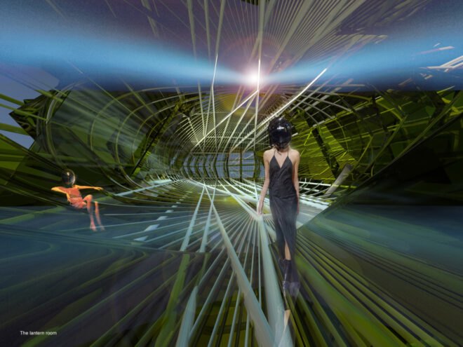 woman walking in dark interior with rays of light