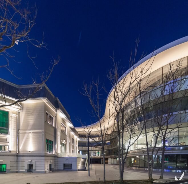building shine bright with integrated lights in the evening