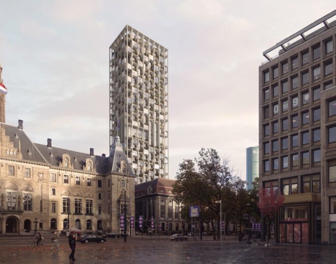 post office with redesign surrounded by buildings in busy city