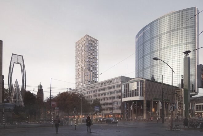 post office with redesign surrounded by buildings in busy city
