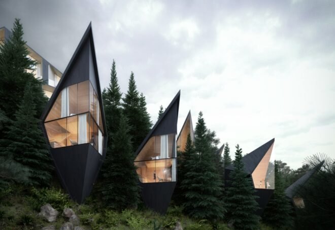 black triangular treehouses with huge glass walls