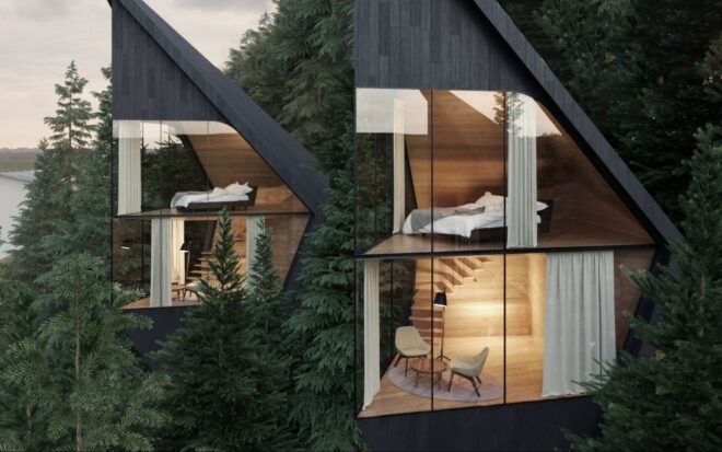 close-up of black triangular treehouses