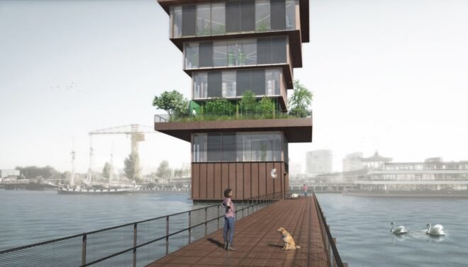 rendering of people standing near tower with glass walls