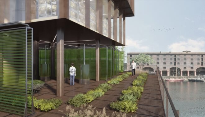 rendering of people walking near plants on a tower
