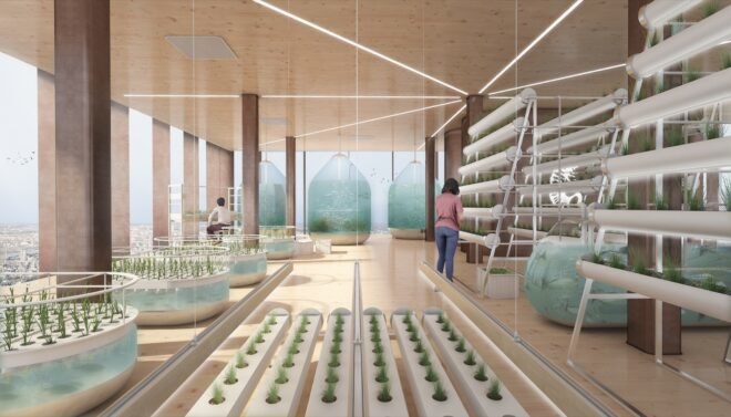 rendering of plants growing inside a tower