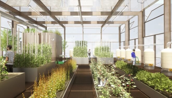rendering of crops and flowers growing in a tower