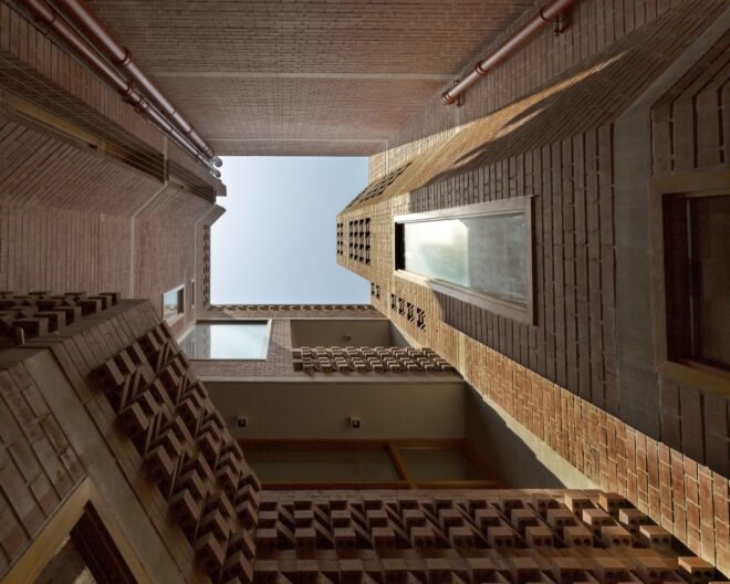 view of the brick building from the floor