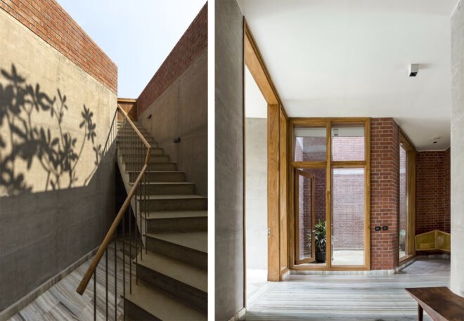 staircase leading to basement and light filled interior of home