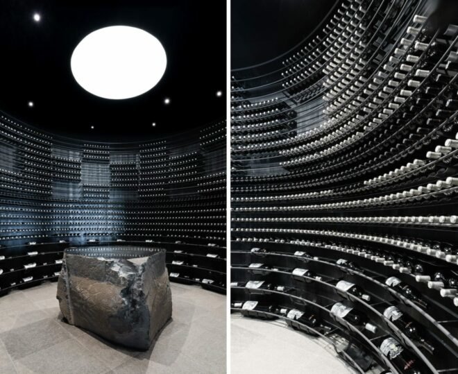 interior wine storage with dark walls and skylight
