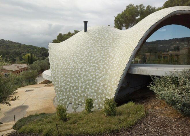 a domed exterior clad with ceramic pieces