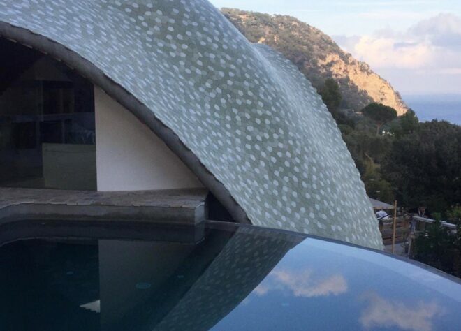 a domed exterior clad with ceramic pieces