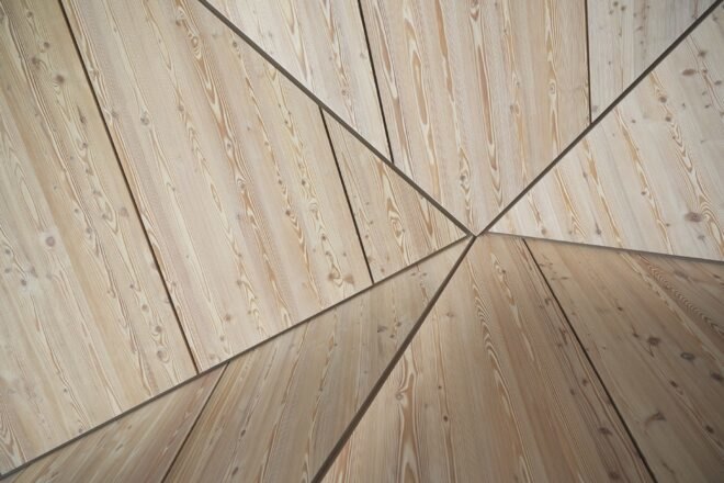 close-up of geometric wood walls