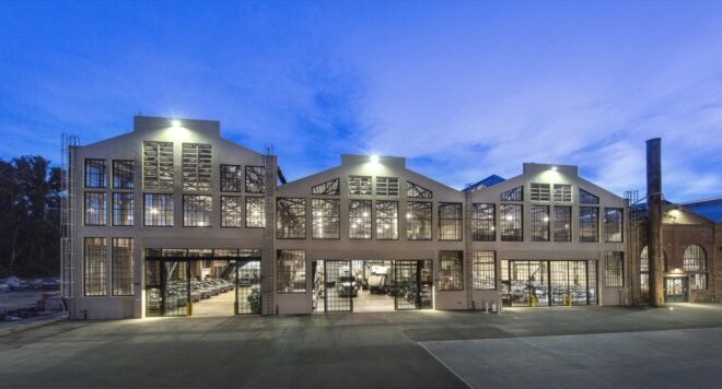 industrial buildings with huge glass windows