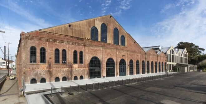 huge brick building with gabled roof