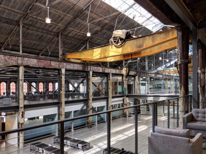 couches on a loft in industrial building