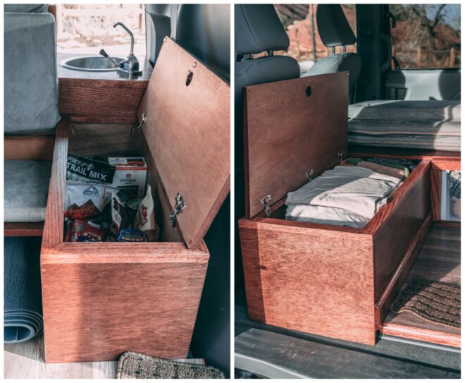 interior space of van conversion with open storage benches