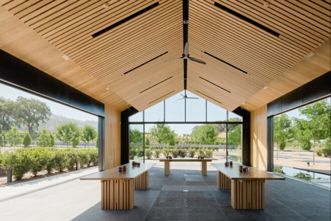 large covered seating area with tables