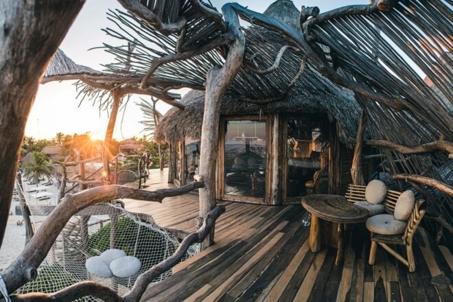wooden deck with seating at sunset