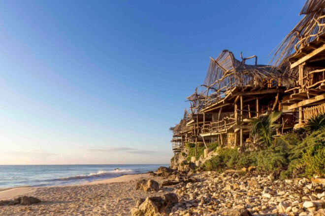 wood structures on the beach