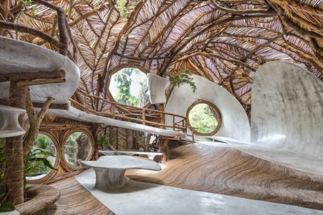 gallery with thatched ceilings and circle windows