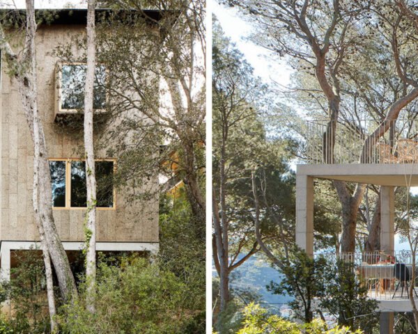 two homes wrapped in cork and raised on stilts