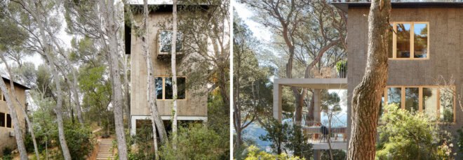 two homes wrapped in cork and raised on stilts