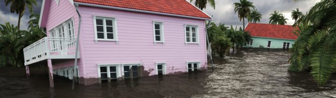 pink house in the Caribbean flooded during a hurricane