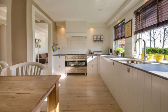 kitchen with white walls and cabinets