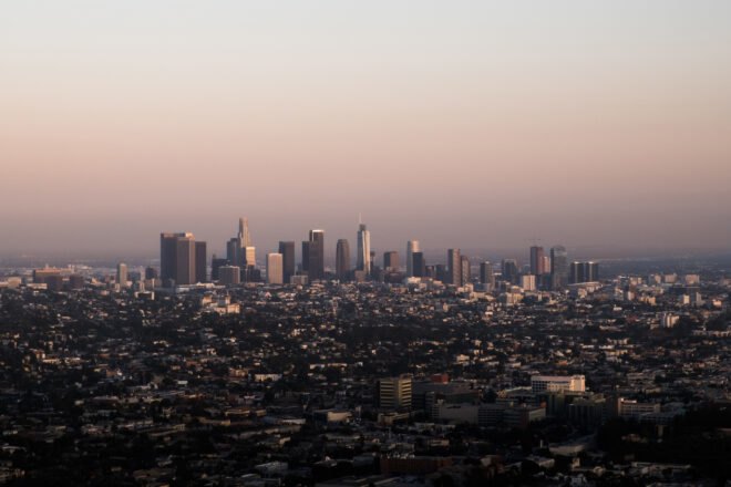 hazy Los Angeles skyline at dusk