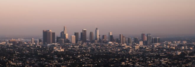 hazy Los Angeles skyline at dusk