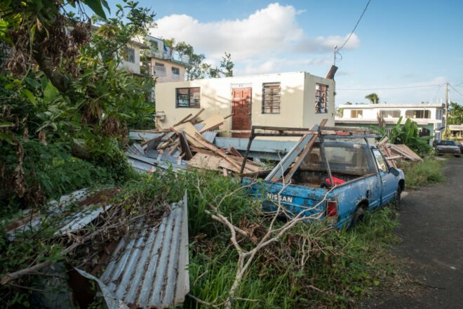 fallen trees on truck after hurricane in the Caribbean
