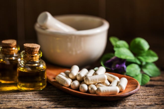 herbal pill capsules and natural oils