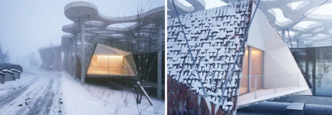 timber cabin covered in snow and lifted on stilts