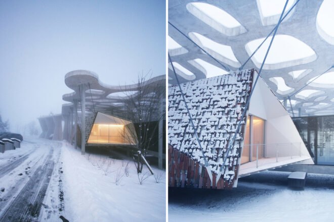 timber cabin covered in snow and lifted on stilts