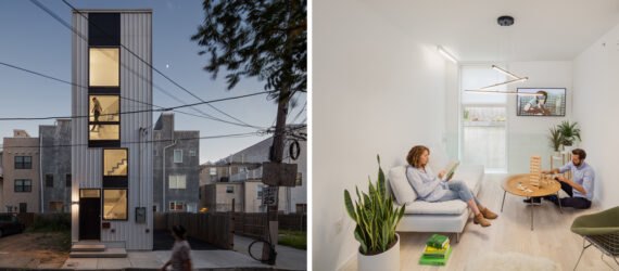 On the left, narrow six-story home. On the right, people reading and playing Jenga in a small, bright white room.
