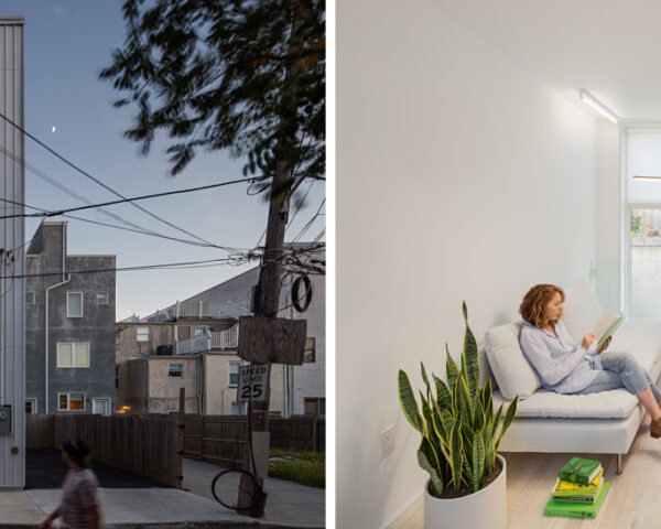 On the left, narrow six-story home. On the right, people reading and playing Jenga in a small, bright white room.