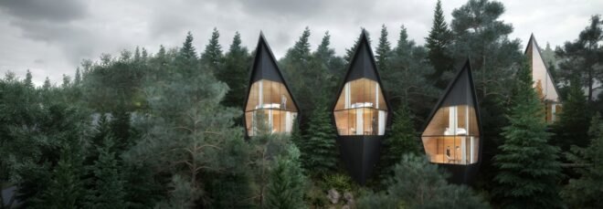 black triangular treehouses with huge glass walls