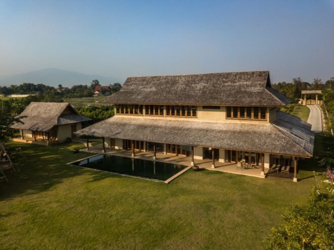 two-story structure with pitched roof