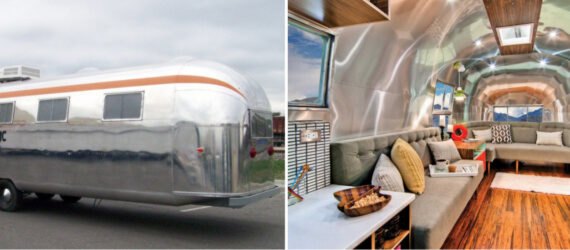 On the left, an old Airstream. On the right, Airstream interior with huge gray sofa.