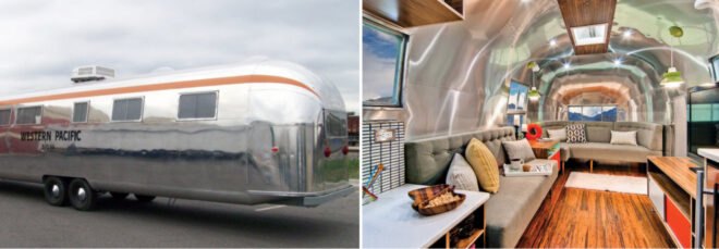 On the left, an old Airstream. On the right, Airstream interior with huge gray sofa.