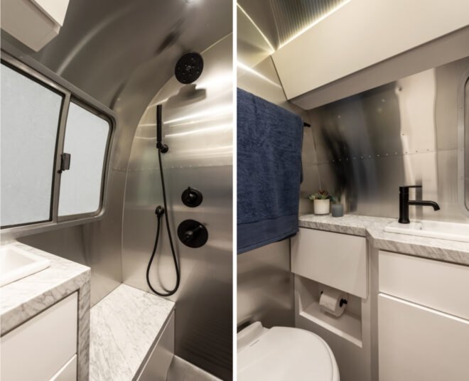 a small bathroom with aluminum interior skin