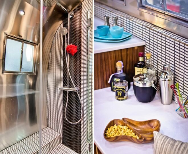 On the left, bathroom with black and white tiles. On the right, kitchen countertop with snacks.
