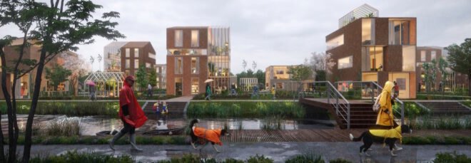 rendering of people walking near lush parks and brick buildings